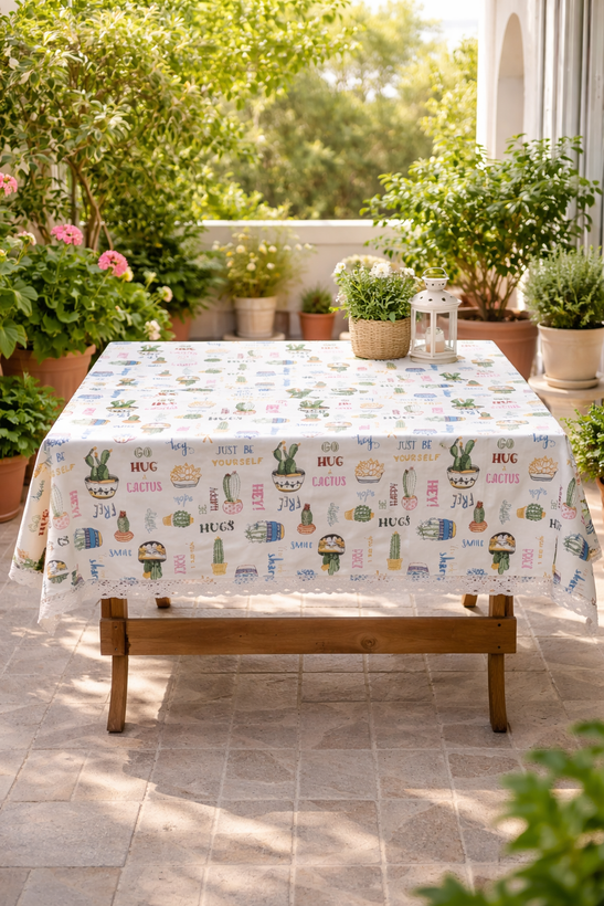 رومیزی کتان داک دوخت دنیزشاپ طرح کاکتوس 150*95 cm