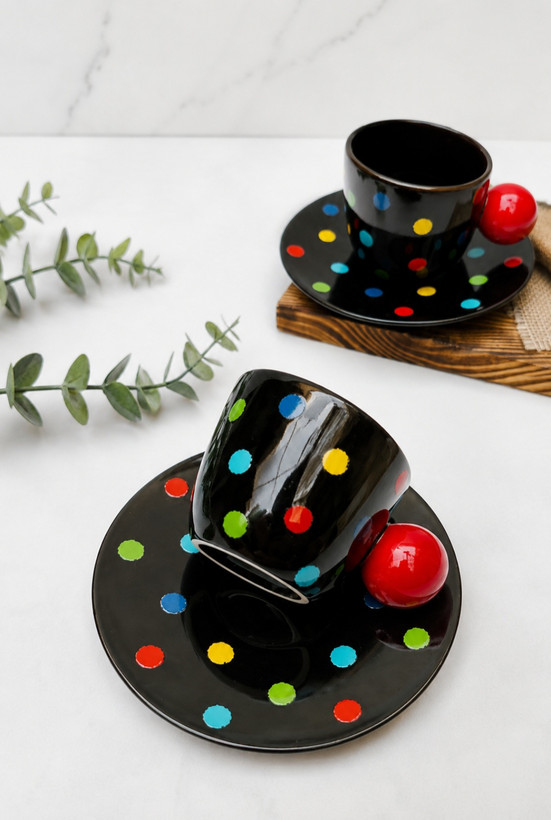 فنجان و نعلبکی خالدار مشکی تک جعبه